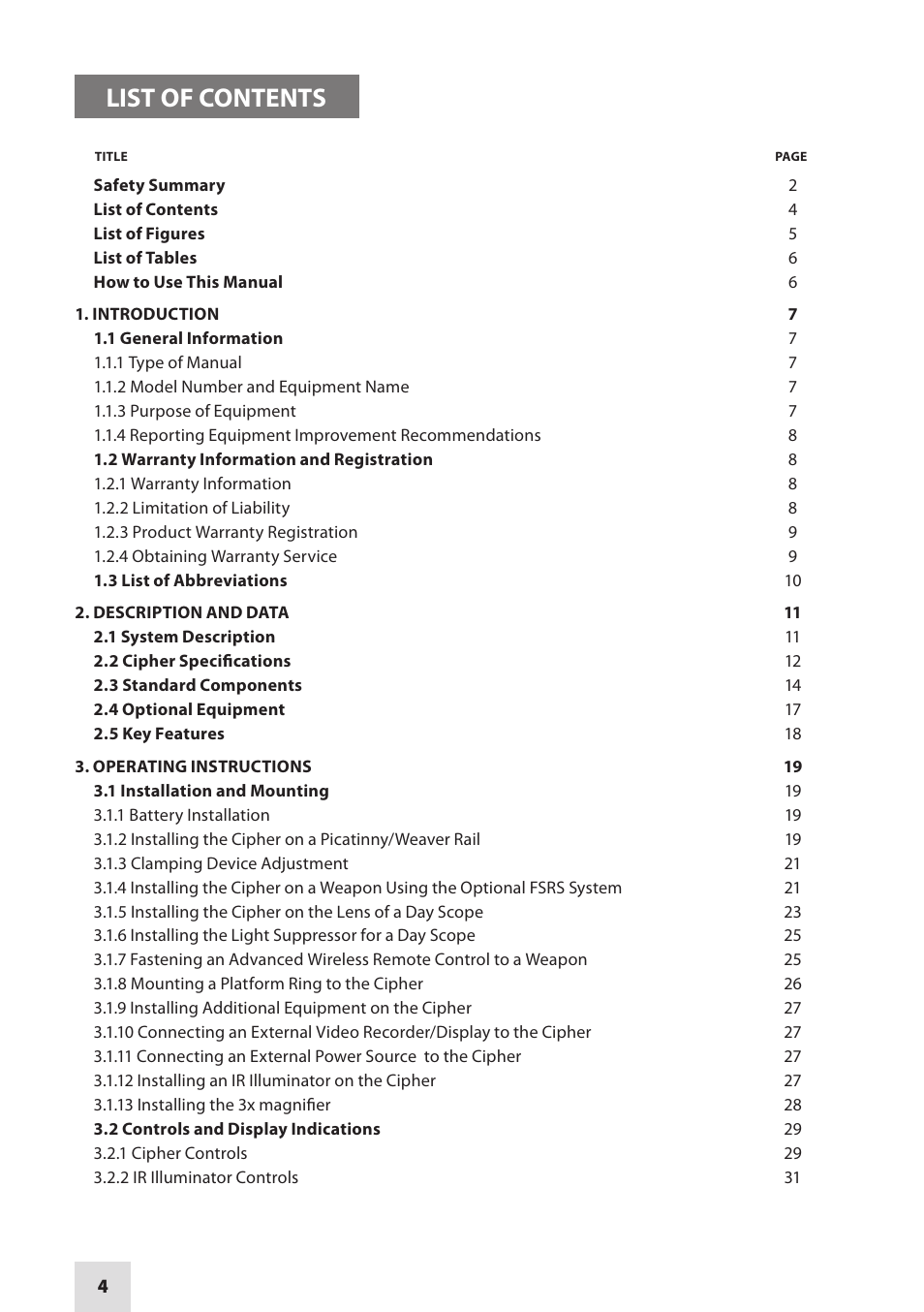 List of contents | Armasight DACCIPHBB01NTS1 Cipher Digital Night Vision Clip-on System User Manual | Page 4 / 44