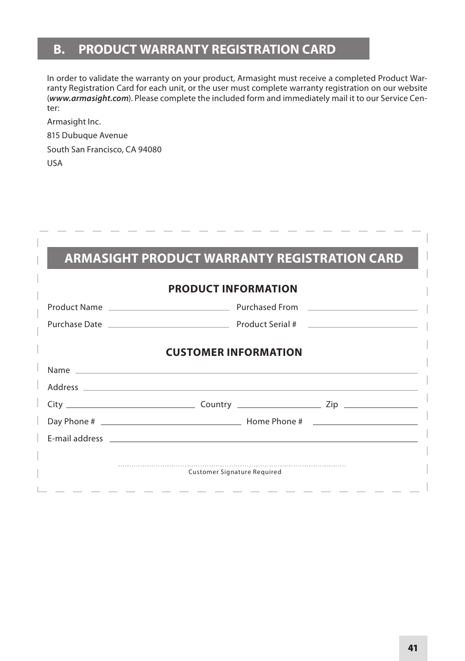 Armasight product warranty registration card, B. product warranty registration card | Armasight DACCIPHBB01NTS1 Cipher Digital Night Vision Clip-on System User Manual | Page 41 / 44