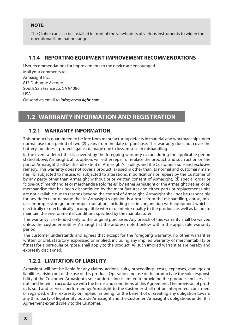 2 warranty information and registration | Armasight DACCIPHBB01NTS1 Cipher Digital Night Vision Clip-on System User Manual | Page 8 / 44