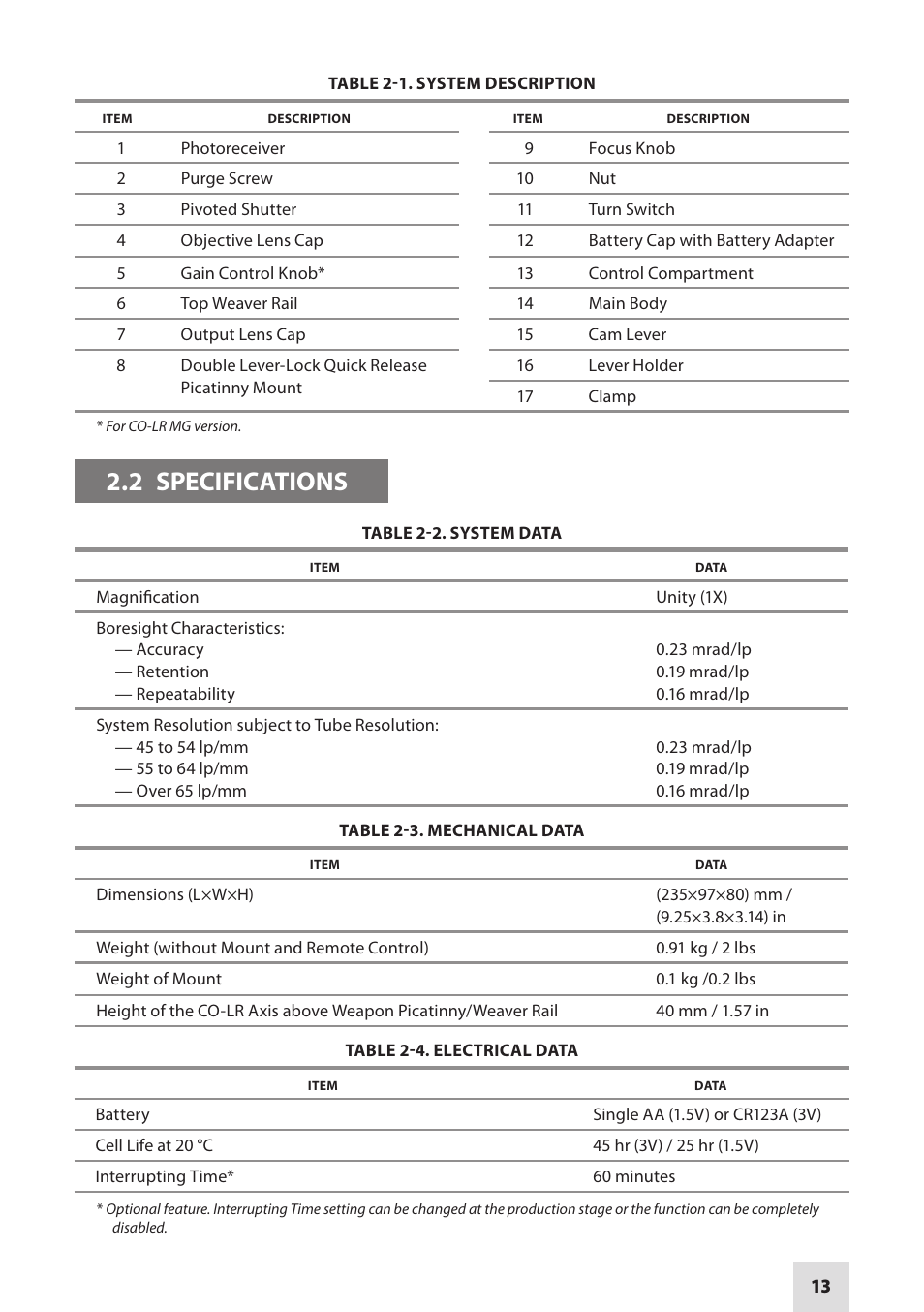 2 specifications | Armasight NSCCOLR00139DA1 CO-LR GEN 3 Alpha MG Night Vision Long Range Clip-On System User Manual | Page 13 / 40