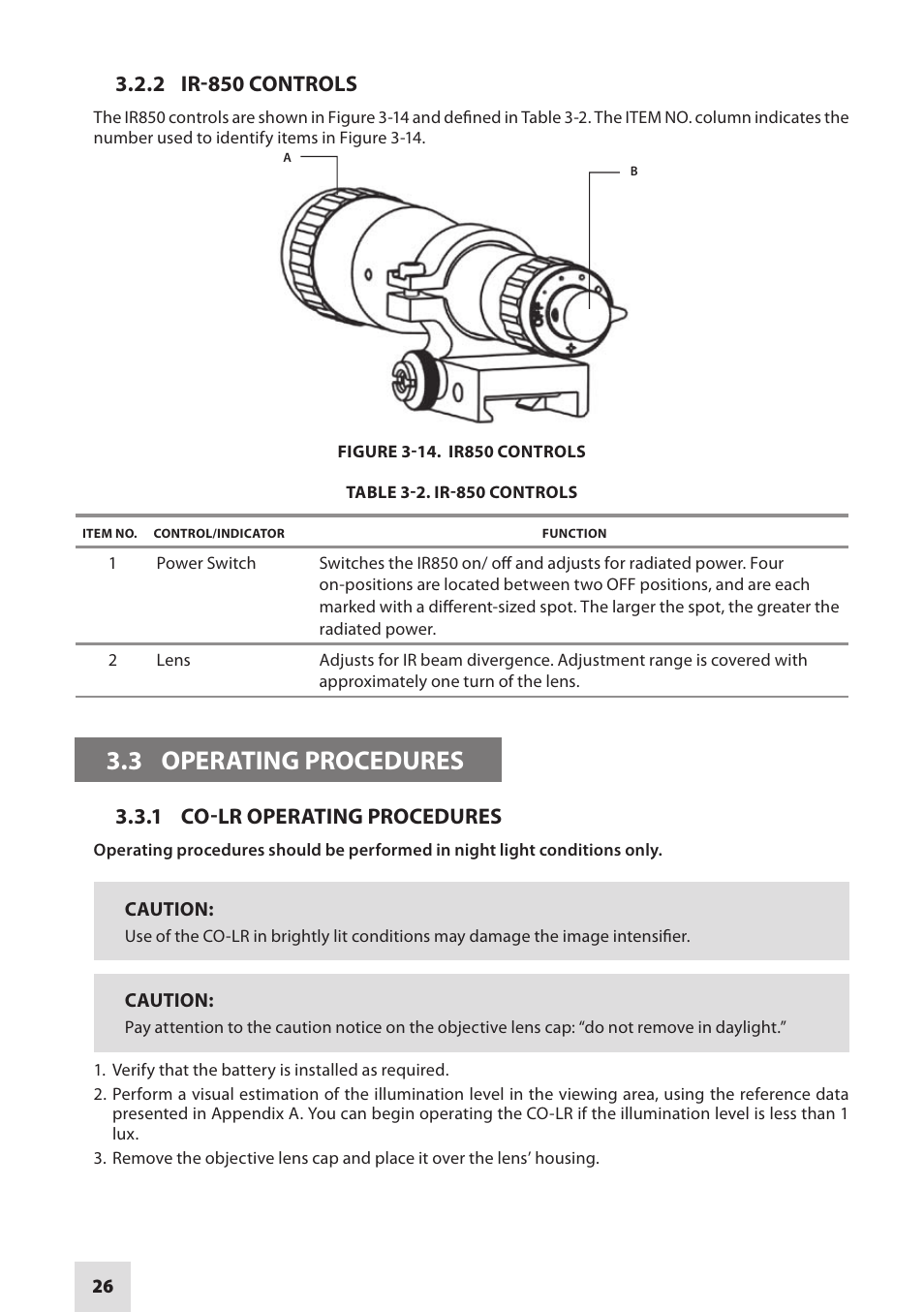 3 operating procedures, 2 ir-850 controls, 1 co-lr operating procedures | Armasight NSCCOLR00139DA1 CO-LR GEN 3 Alpha MG Night Vision Long Range Clip-On System User Manual | Page 26 / 40