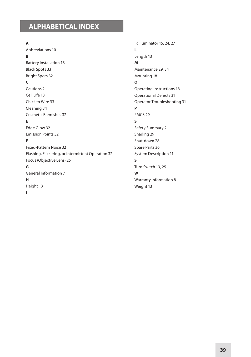 Alphabetical index | Armasight NSCCOLR00139DA1 CO-LR GEN 3 Alpha MG Night Vision Long Range Clip-On System User Manual | Page 39 / 40