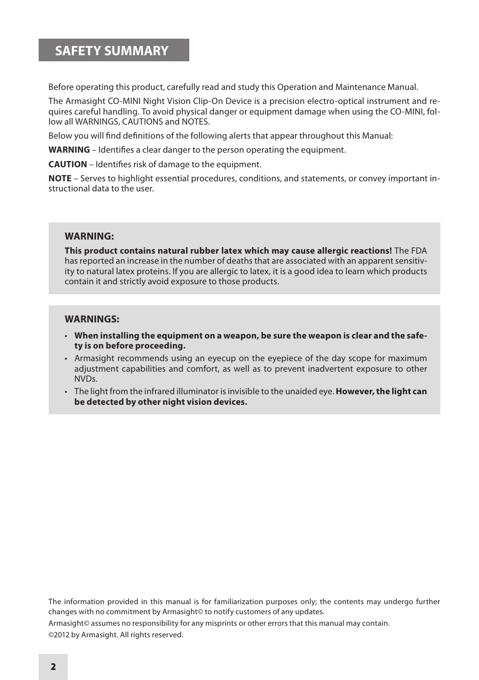 Safety summary | Armasight NSCCOMINI139DA1 CO-Mini GEN 3+ Alpha MG Night Vision Mini Clip-On System User Manual | Page 2 / 40