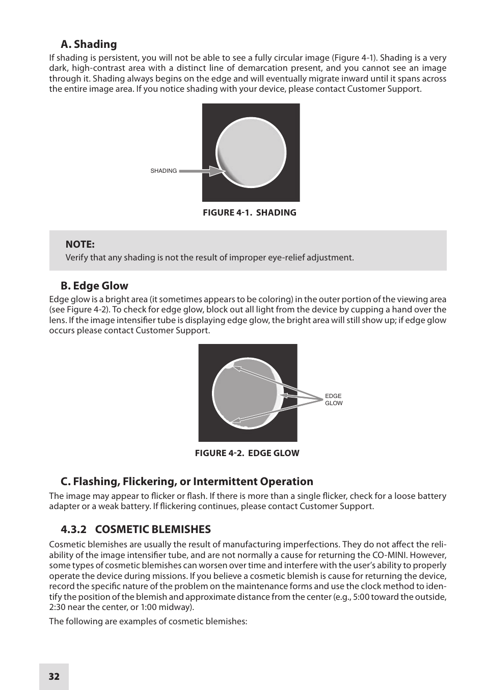 A. shading, B. edge glow, C. flashing, flickering, or intermittent operation | 2 cosmetic blemishes | Armasight NSCCOMINI139DA1 CO-Mini GEN 3+ Alpha MG Night Vision Mini Clip-On System User Manual | Page 32 / 40
