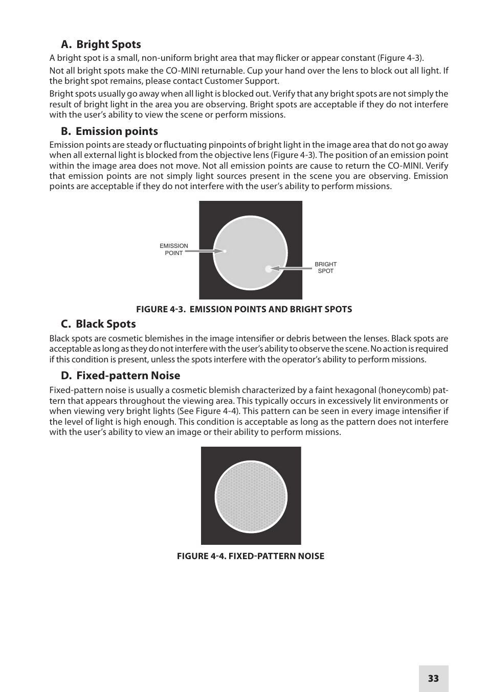 A. bright spots, B. emission points, C. black spots | D. fixed-pattern noise | Armasight NSCCOMINI139DA1 CO-Mini GEN 3+ Alpha MG Night Vision Mini Clip-On System User Manual | Page 33 / 40