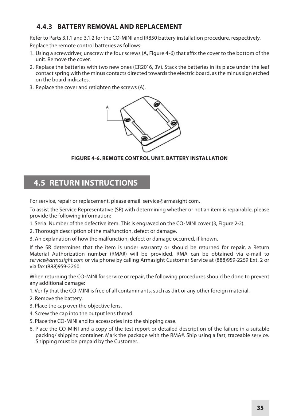 5 return instructions, 3 battery removal and replacement | Armasight NSCCOMINI139DA1 CO-Mini GEN 3+ Alpha MG Night Vision Mini Clip-On System User Manual | Page 35 / 40
