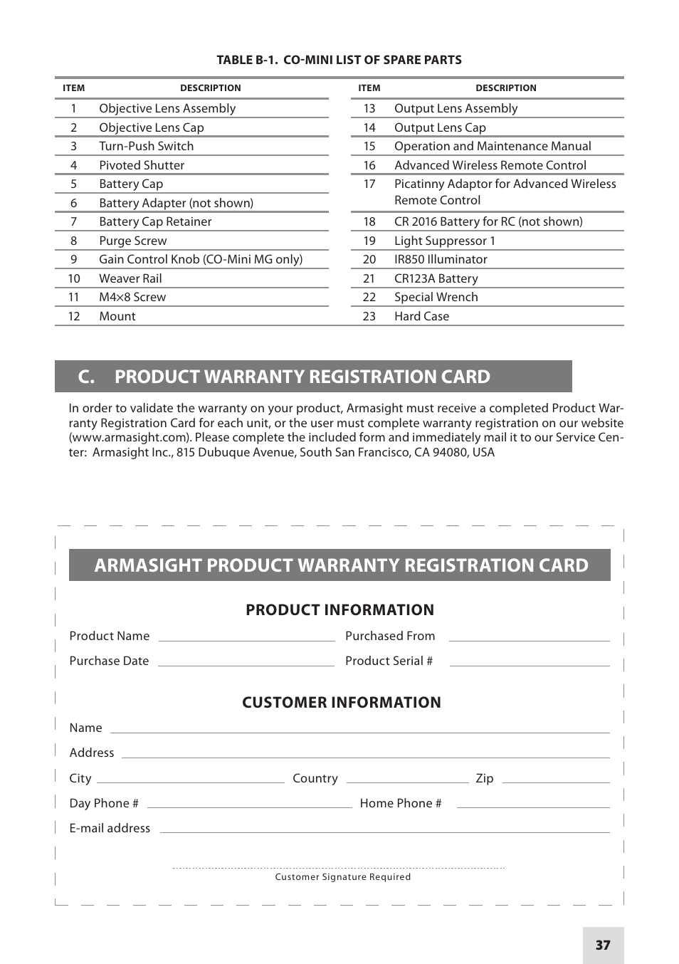 C. product warranty registration card, Armasight product warranty registration card, Product information customer information | Armasight NSCCOMINI139DA1 CO-Mini GEN 3+ Alpha MG Night Vision Mini Clip-On System User Manual | Page 37 / 40