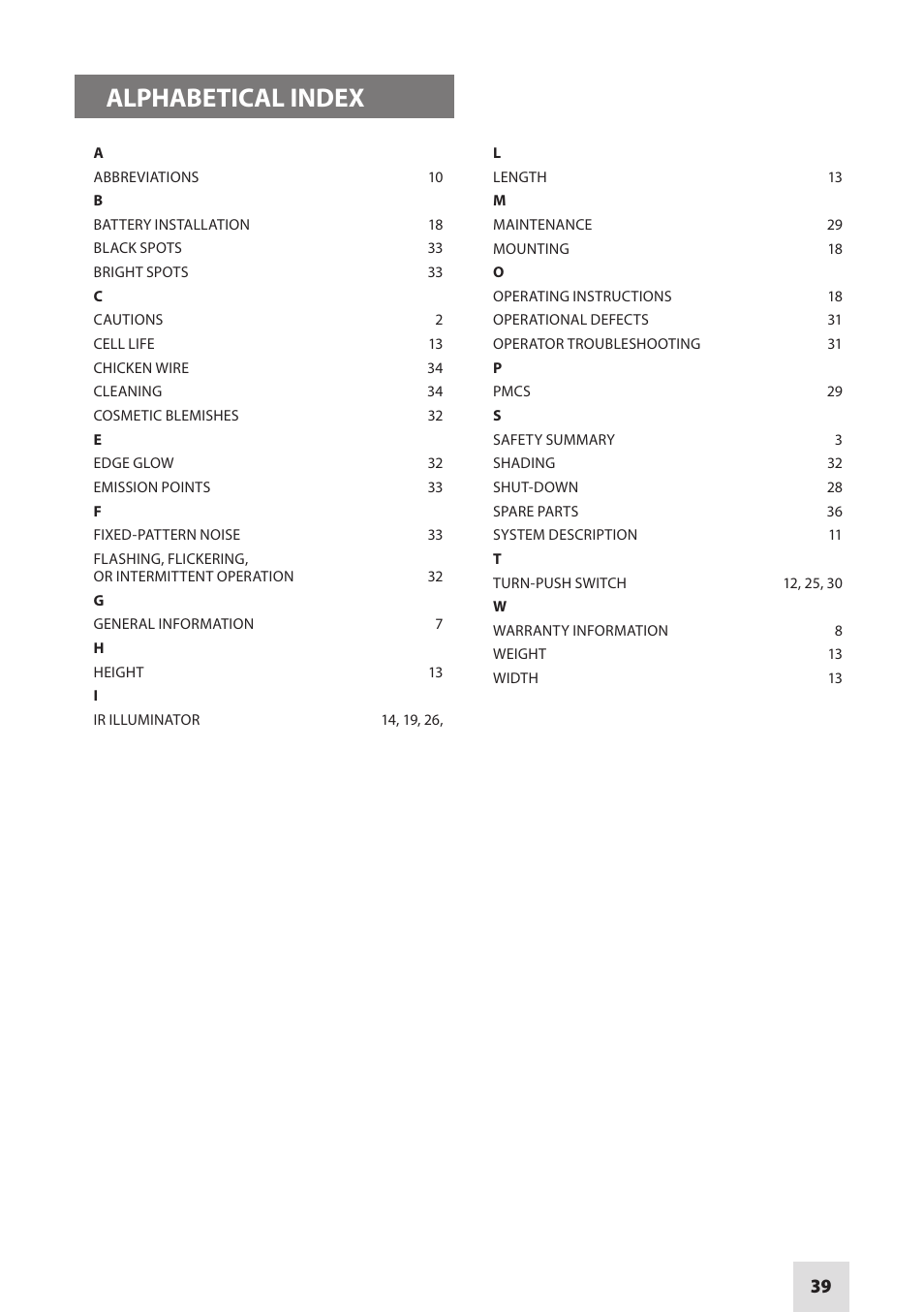 Alphabetical index | Armasight NSCCOMINI139DA1 CO-Mini GEN 3+ Alpha MG Night Vision Mini Clip-On System User Manual | Page 39 / 40