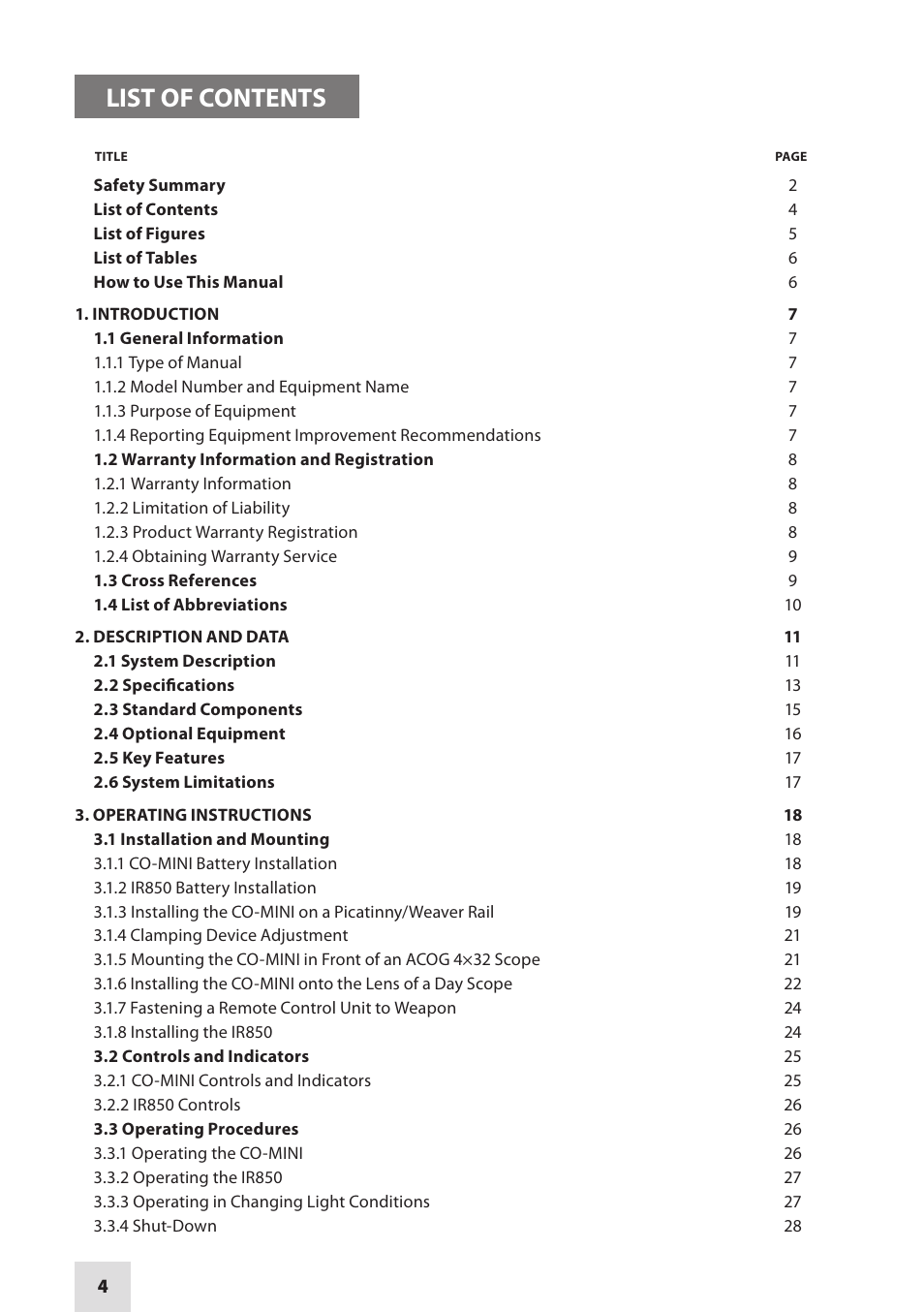 List of contents | Armasight NSCCOMINI139DA1 CO-Mini GEN 3+ Alpha MG Night Vision Mini Clip-On System User Manual | Page 4 / 40