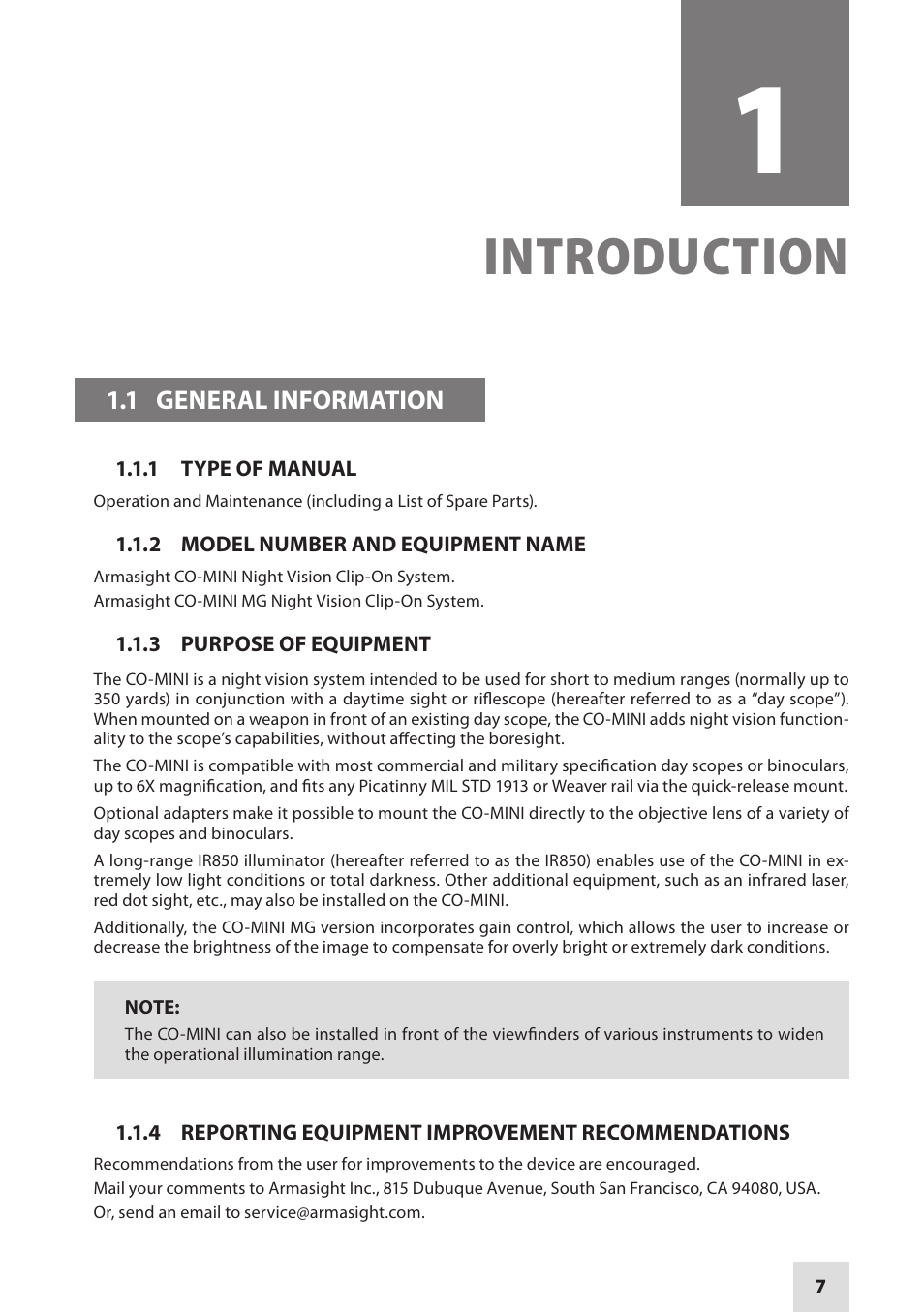 Introduction | Armasight NSCCOMINI139DA1 CO-Mini GEN 3+ Alpha MG Night Vision Mini Clip-On System User Manual | Page 7 / 40