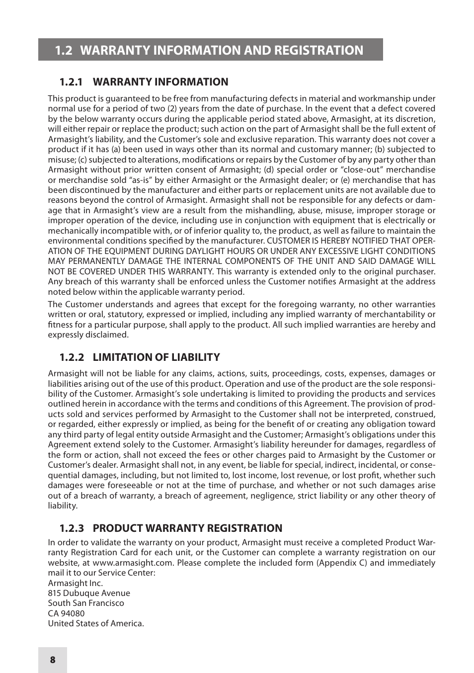 2 warranty information and registration, 1 warranty information, 2 limitation of liability | 3 product warranty registration | Armasight NSCCOMINI139DA1 CO-Mini GEN 3+ Alpha MG Night Vision Mini Clip-On System User Manual | Page 8 / 40