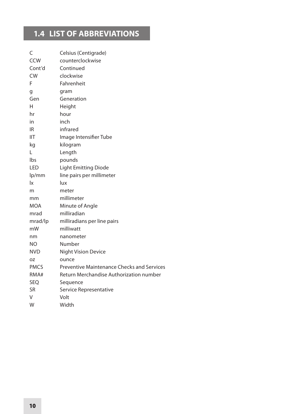 4 list of abbreviations | Armasight NSCCOMR00133DB1 CO-MR GEN 3 Bravo Day/night vision Clip-On system User Manual | Page 10 / 40