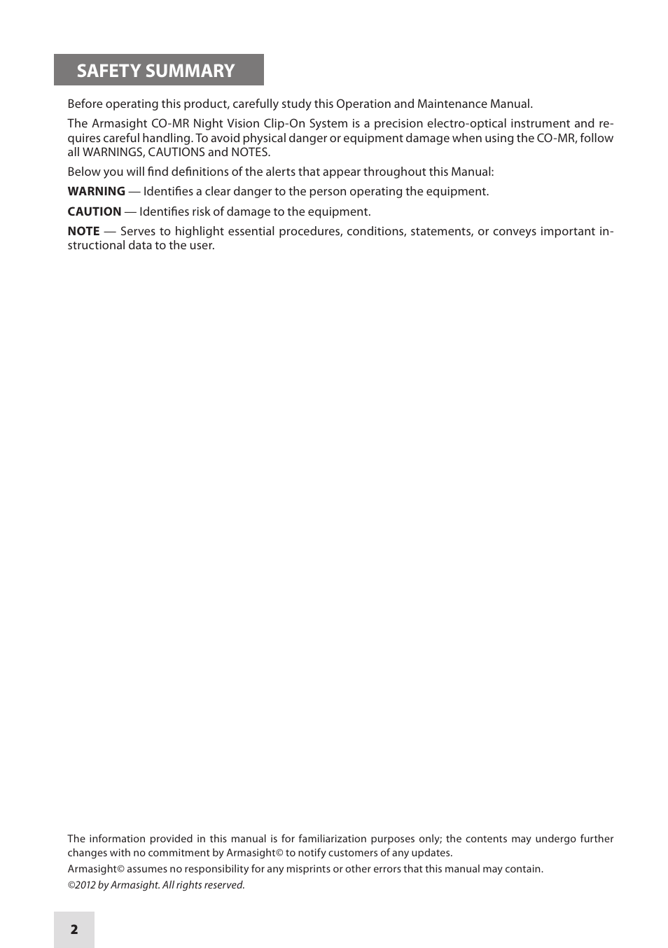 Safety summary | Armasight NSCCOMR00133DB1 CO-MR GEN 3 Bravo Day/night vision Clip-On system User Manual | Page 2 / 40