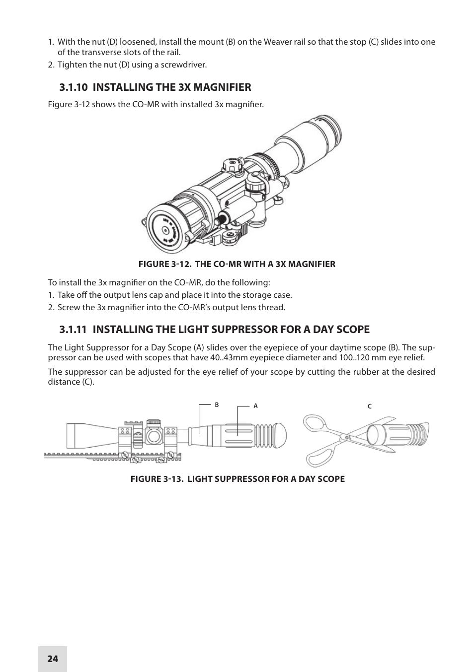 10 installing the 3x magnifier, 11 installing the light suppressor for a day scope | Armasight NSCCOMR00133DB1 CO-MR GEN 3 Bravo Day/night vision Clip-On system User Manual | Page 24 / 40