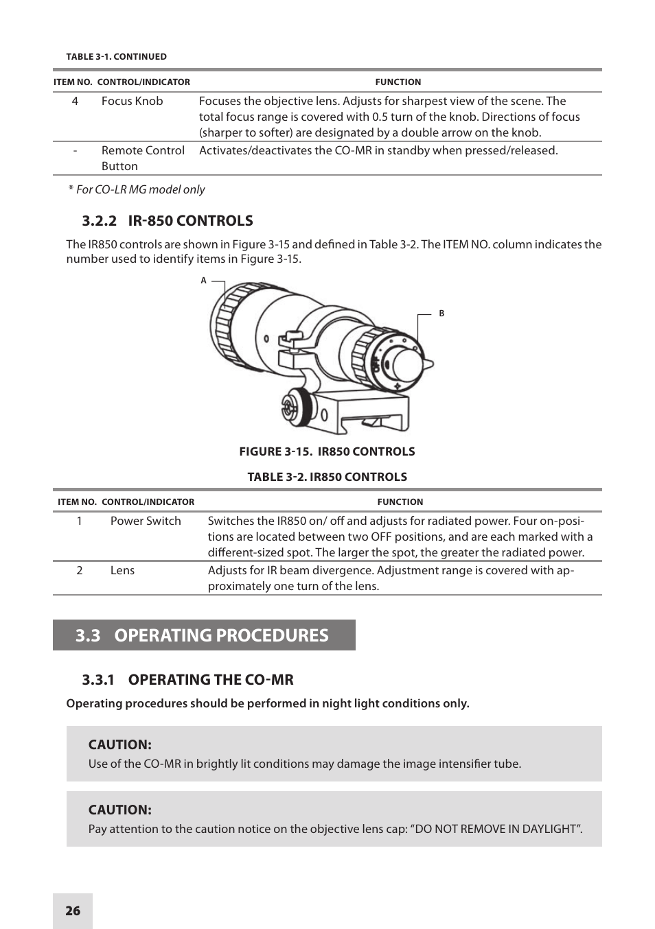 3 operating procedures, 2 ir-850 controls, 1 operating the co-mr | Armasight NSCCOMR00133DB1 CO-MR GEN 3 Bravo Day/night vision Clip-On system User Manual | Page 26 / 40