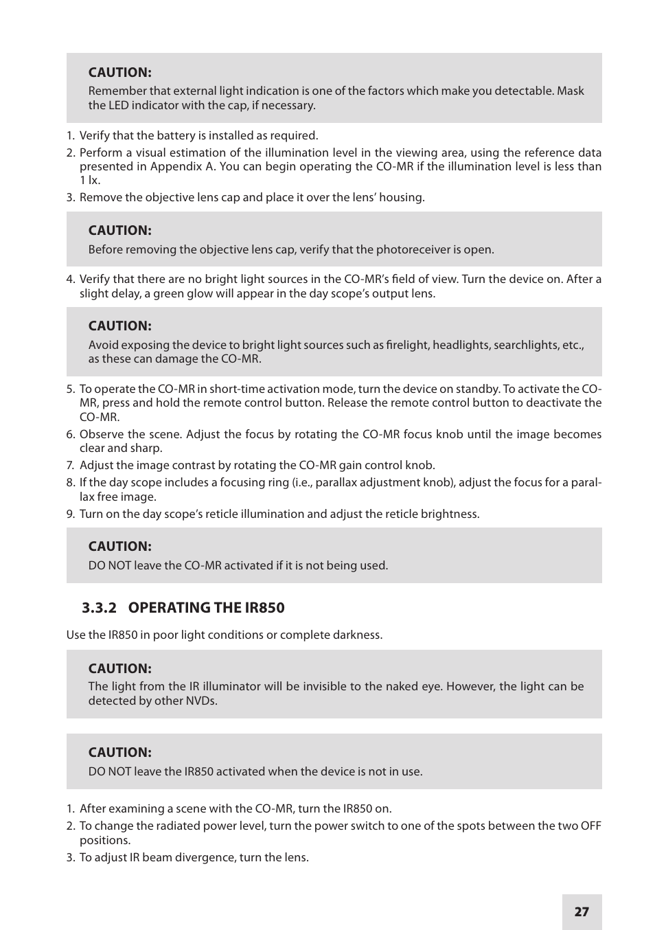 2 operating the ir850 | Armasight NSCCOMR00133DB1 CO-MR GEN 3 Bravo Day/night vision Clip-On system User Manual | Page 27 / 40