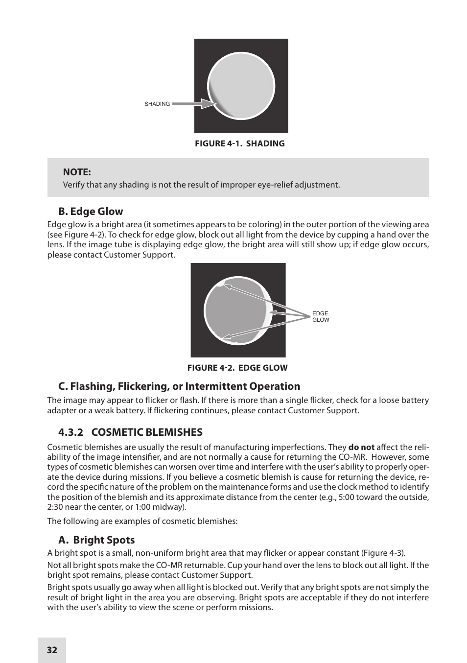 B. edge glow, C. flashing, flickering, or intermittent operation, 2 cosmetic blemishes | A. bright spots | Armasight NSCCOMR00133DB1 CO-MR GEN 3 Bravo Day/night vision Clip-On system User Manual | Page 32 / 40