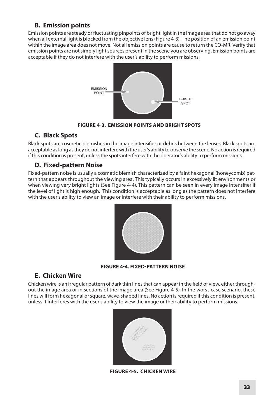 B. emission points, C. black spots, D. fixed-pattern noise | E. chicken wire | Armasight NSCCOMR00133DB1 CO-MR GEN 3 Bravo Day/night vision Clip-On system User Manual | Page 33 / 40