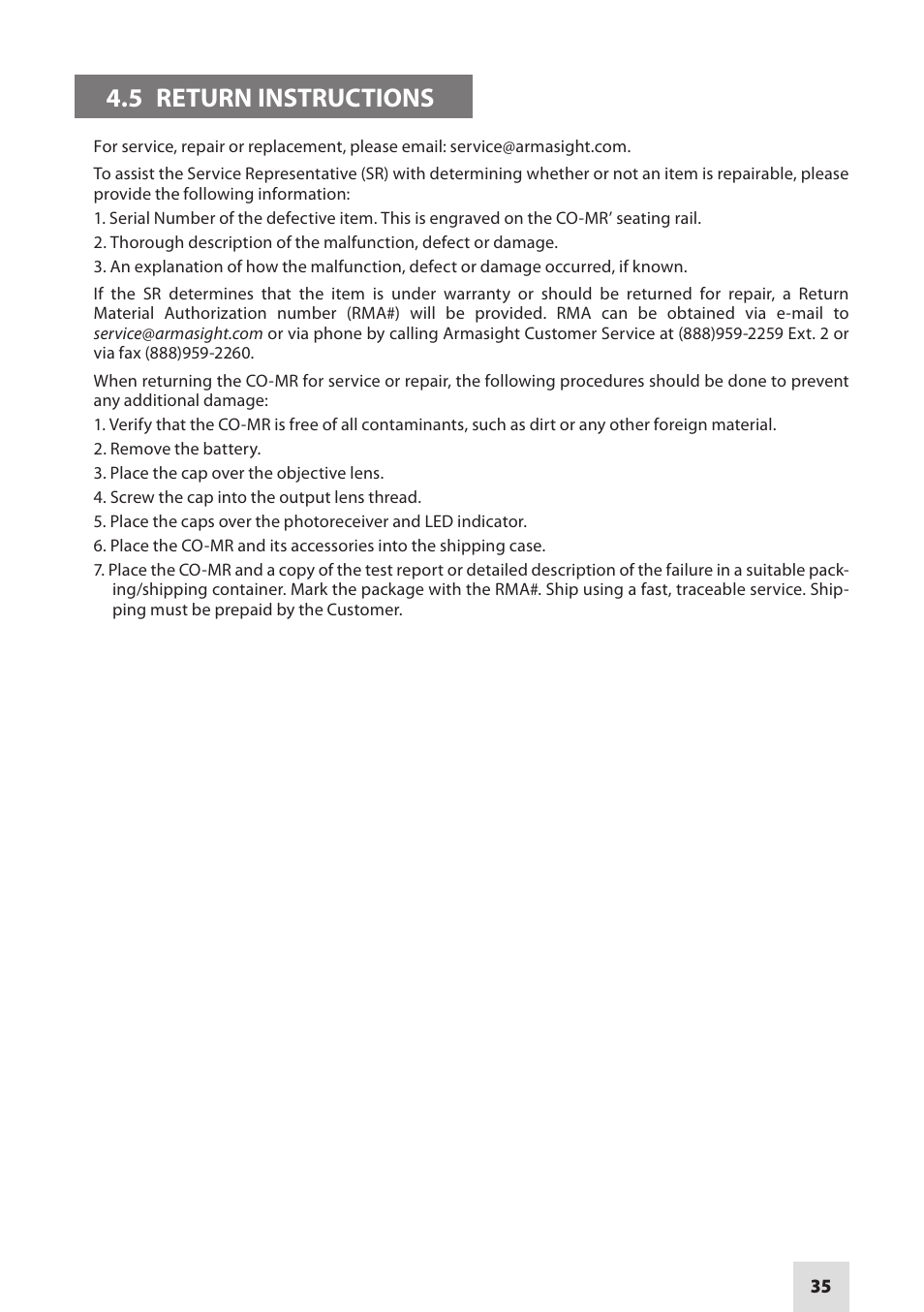 5 return instructions | Armasight NSCCOMR00133DB1 CO-MR GEN 3 Bravo Day/night vision Clip-On system User Manual | Page 35 / 40