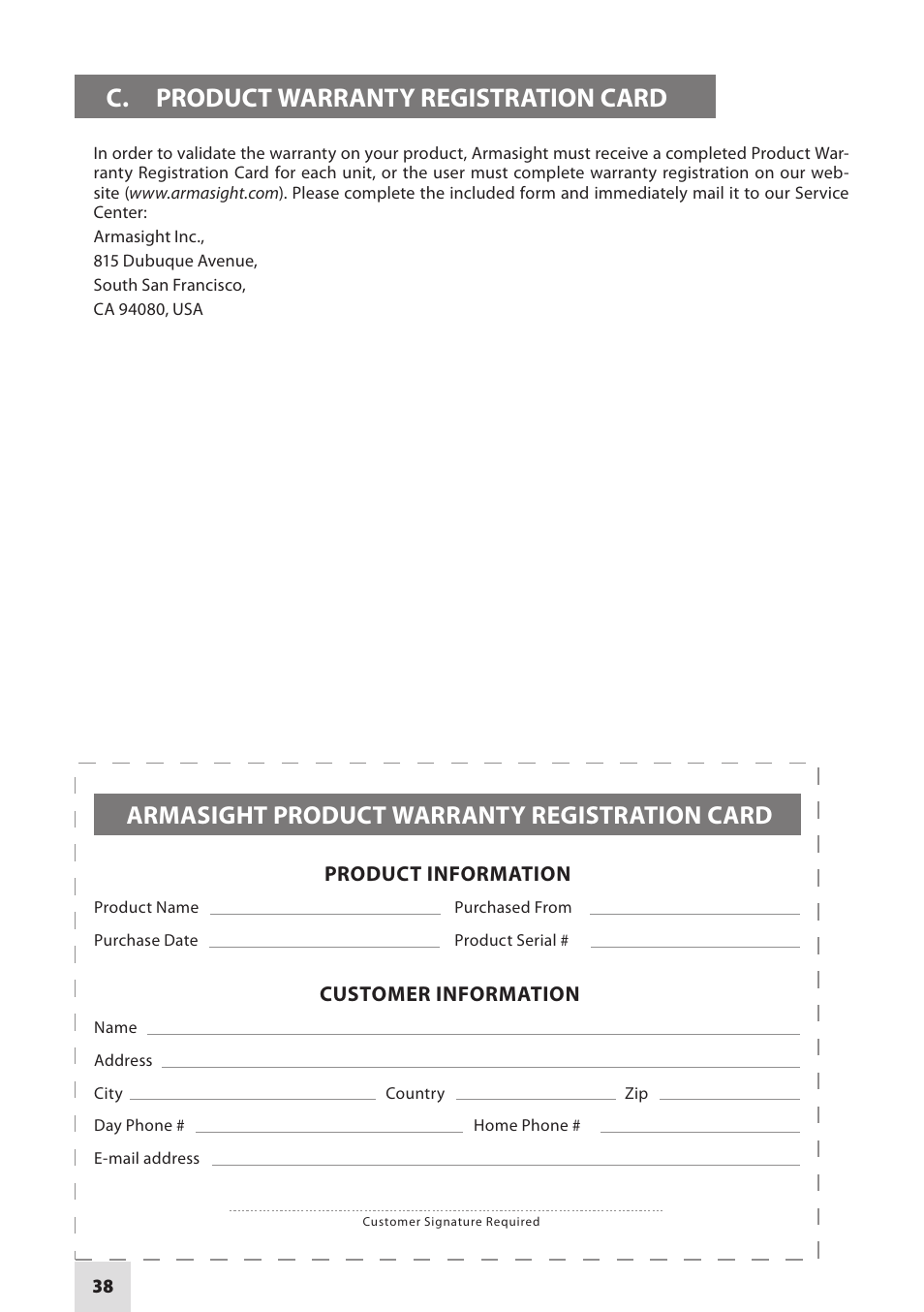 C. product warranty registration card, Armasight product warranty registration card | Armasight NSCCOMR00133DB1 CO-MR GEN 3 Bravo Day/night vision Clip-On system User Manual | Page 38 / 40