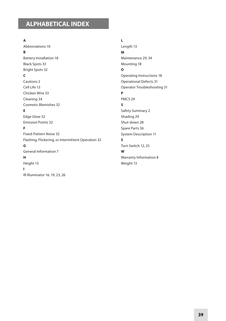Alphabetical index | Armasight NSCCOMR00133DB1 CO-MR GEN 3 Bravo Day/night vision Clip-On system User Manual | Page 39 / 40