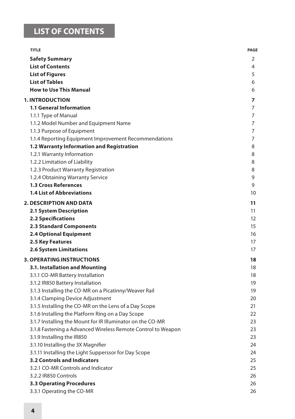 List of contents | Armasight NSCCOMR00133DB1 CO-MR GEN 3 Bravo Day/night vision Clip-On system User Manual | Page 4 / 40