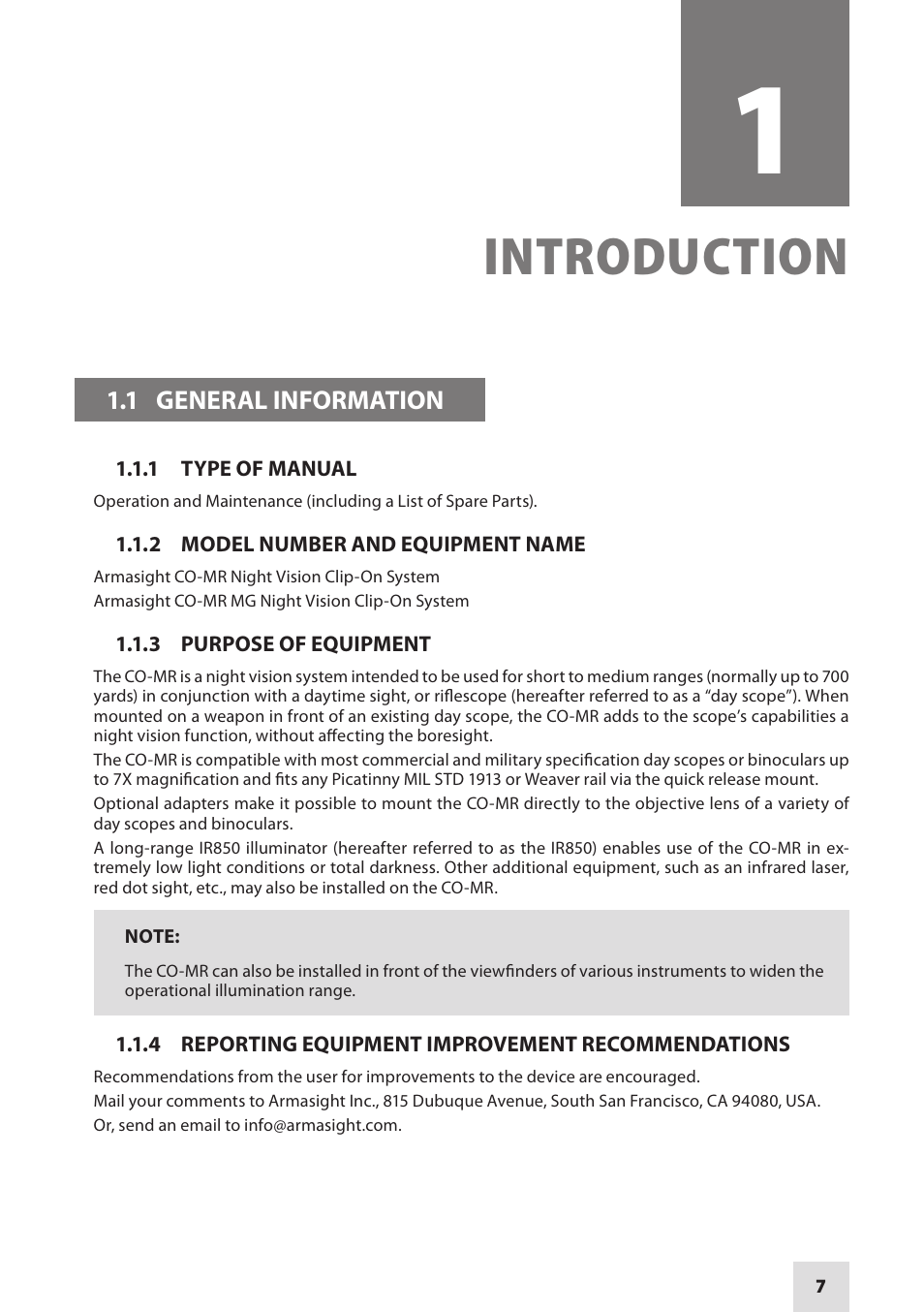 Introduction | Armasight NSCCOMR00133DB1 CO-MR GEN 3 Bravo Day/night vision Clip-On system User Manual | Page 7 / 40