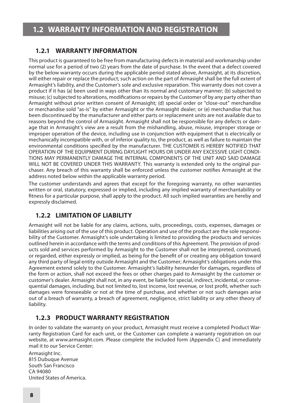 2 warranty information and registration, 1 warranty information, 2 limitation of liability | 3 product warranty registration | Armasight NSCCOMR00133DB1 CO-MR GEN 3 Bravo Day/night vision Clip-On system User Manual | Page 8 / 40