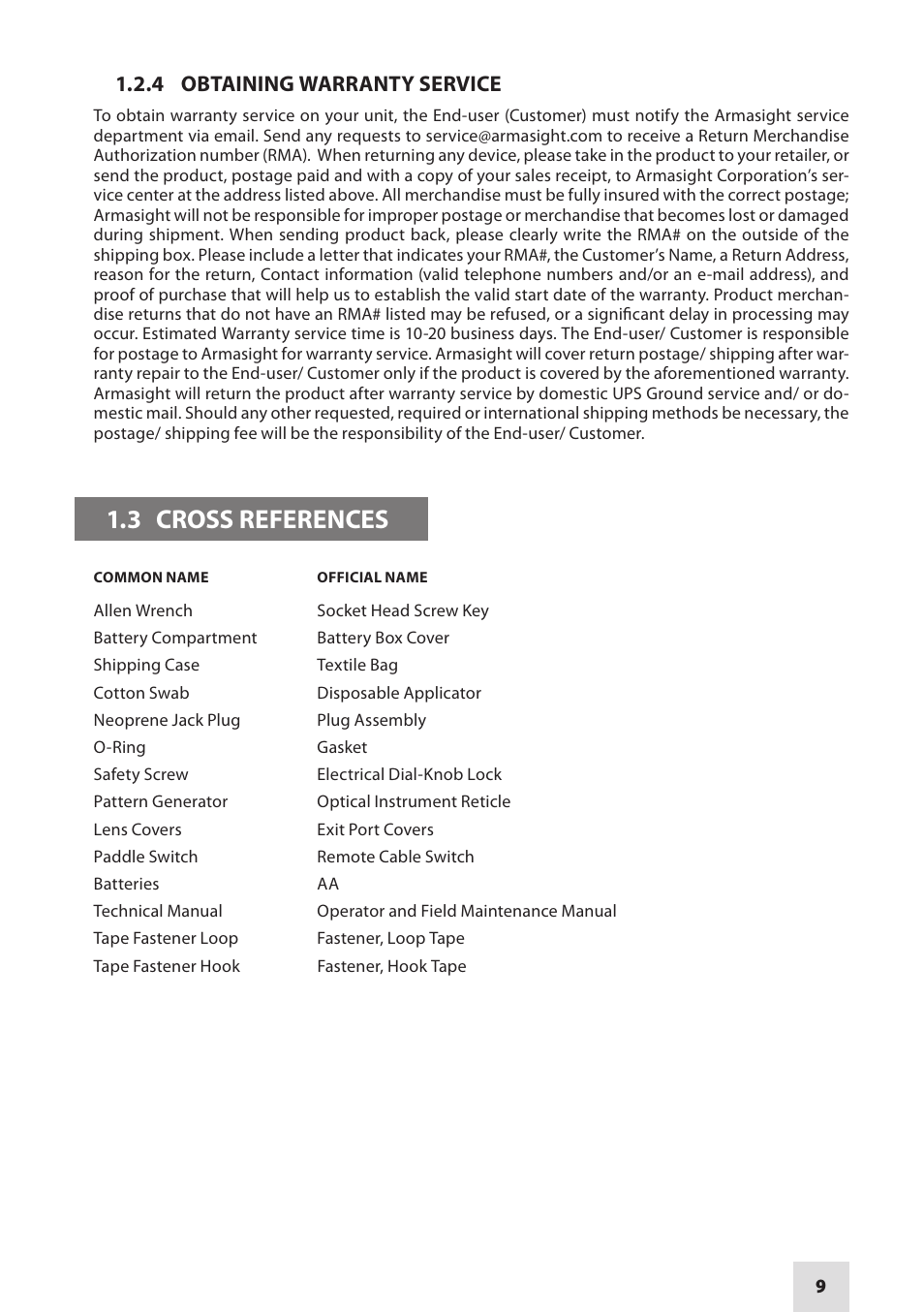 3 cross references, 4 obtaining warranty service | Armasight NSCCOMR00133DB1 CO-MR GEN 3 Bravo Day/night vision Clip-On system User Manual | Page 9 / 40