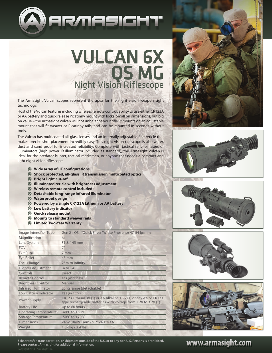 Armasight NRWVULCAN6Q9DI1 Vulcan 6x Gen 2+ QS MG Night Vision Riflescope User Manual | 1 page
