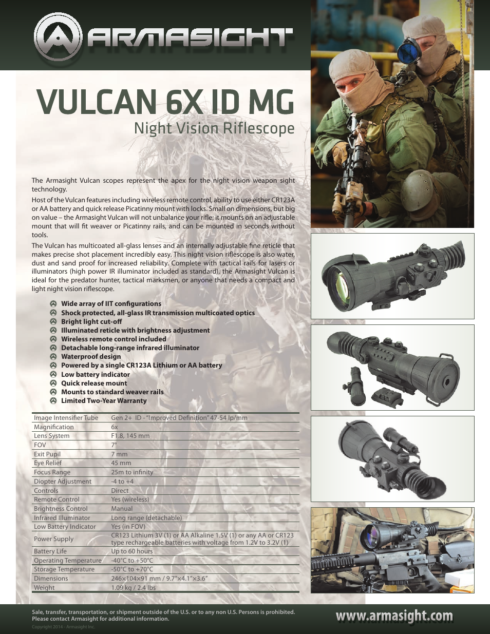 Armasight NRWVULCAN629DI1 Vulcan 6x Gen 2+ ID MG Night Vision Riflescope User Manual | 1 page