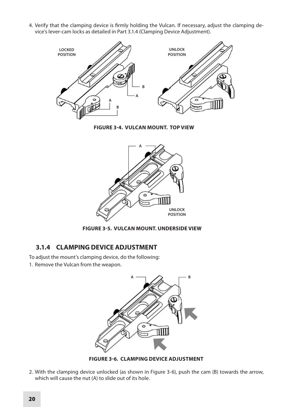 4 clamping device adjustment | Armasight NRWVULCAN439DB1 Vulcan 4.5X Gen3 Bravo MG - Compact Professional 4.5x Night Vision Rifle Scope User Manual | Page 20 / 40