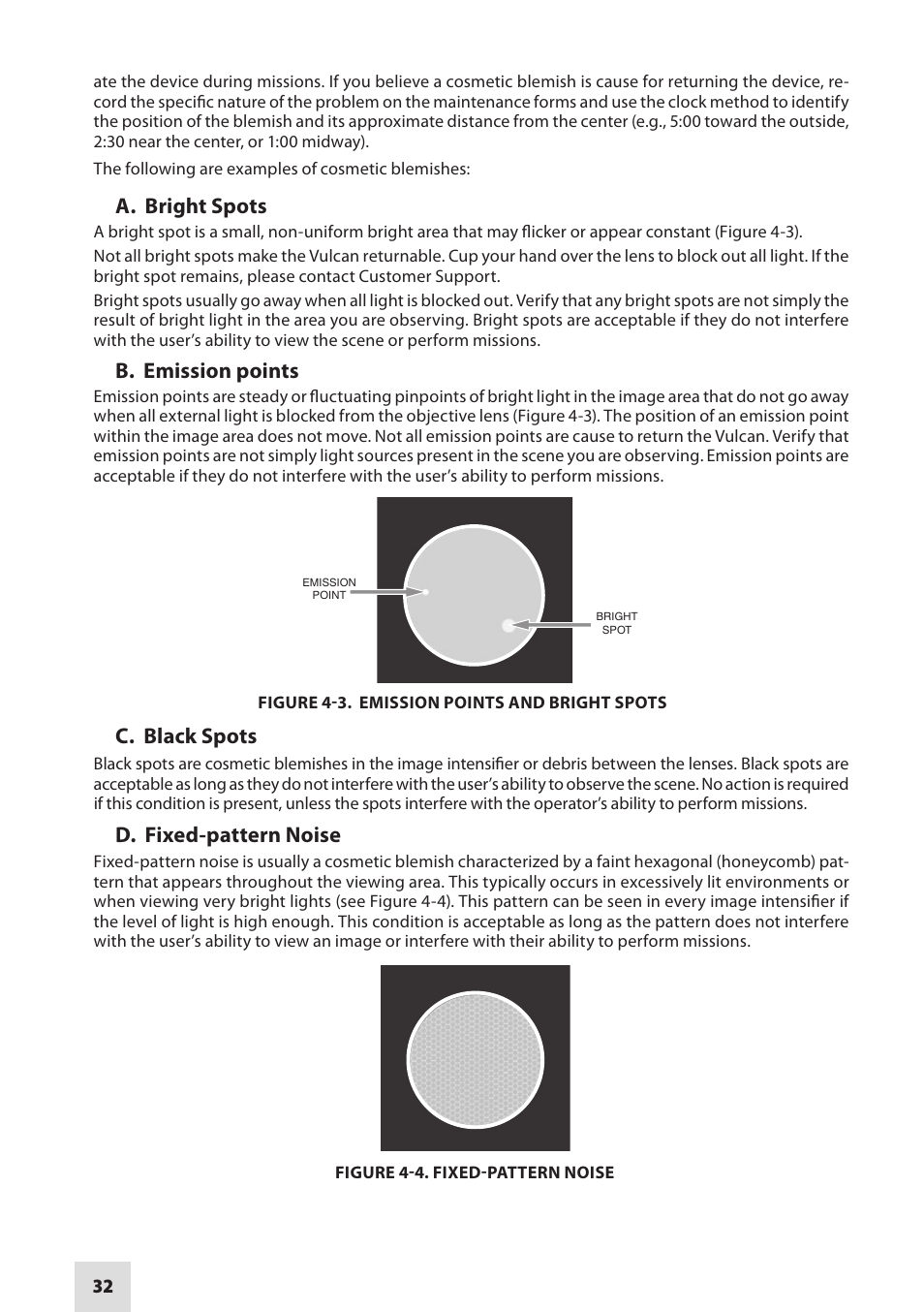 A. bright spots, B. emission points, C. black spots | D. fixed-pattern noise | Armasight NRWVULCAN439DB1 Vulcan 4.5X Gen3 Bravo MG - Compact Professional 4.5x Night Vision Rifle Scope User Manual | Page 32 / 40