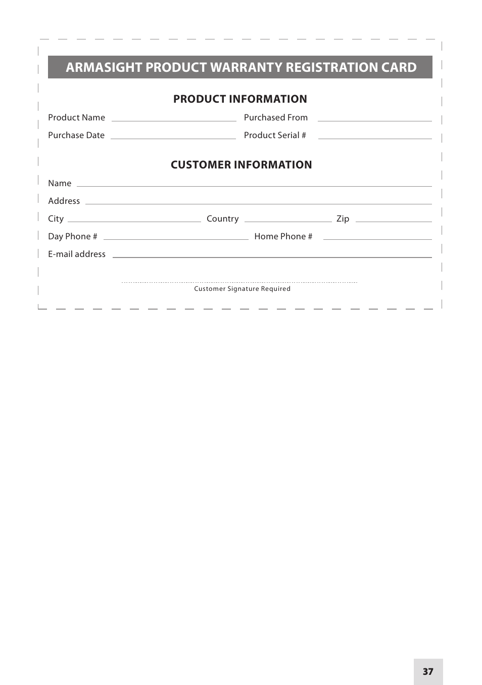 Armasight product warranty registration card | Armasight NRWVULCAN439DB1 Vulcan 4.5X Gen3 Bravo MG - Compact Professional 4.5x Night Vision Rifle Scope User Manual | Page 37 / 40