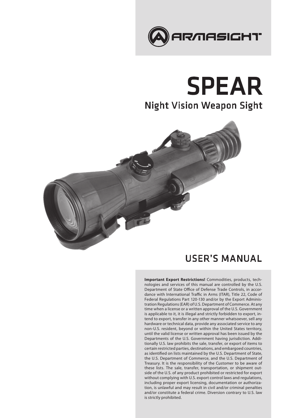 Armasight NWWSPEAR042GDS1 Spear 4X Gen 2+ SD - Night Vision Rifle Scope User Manual | 12 pages