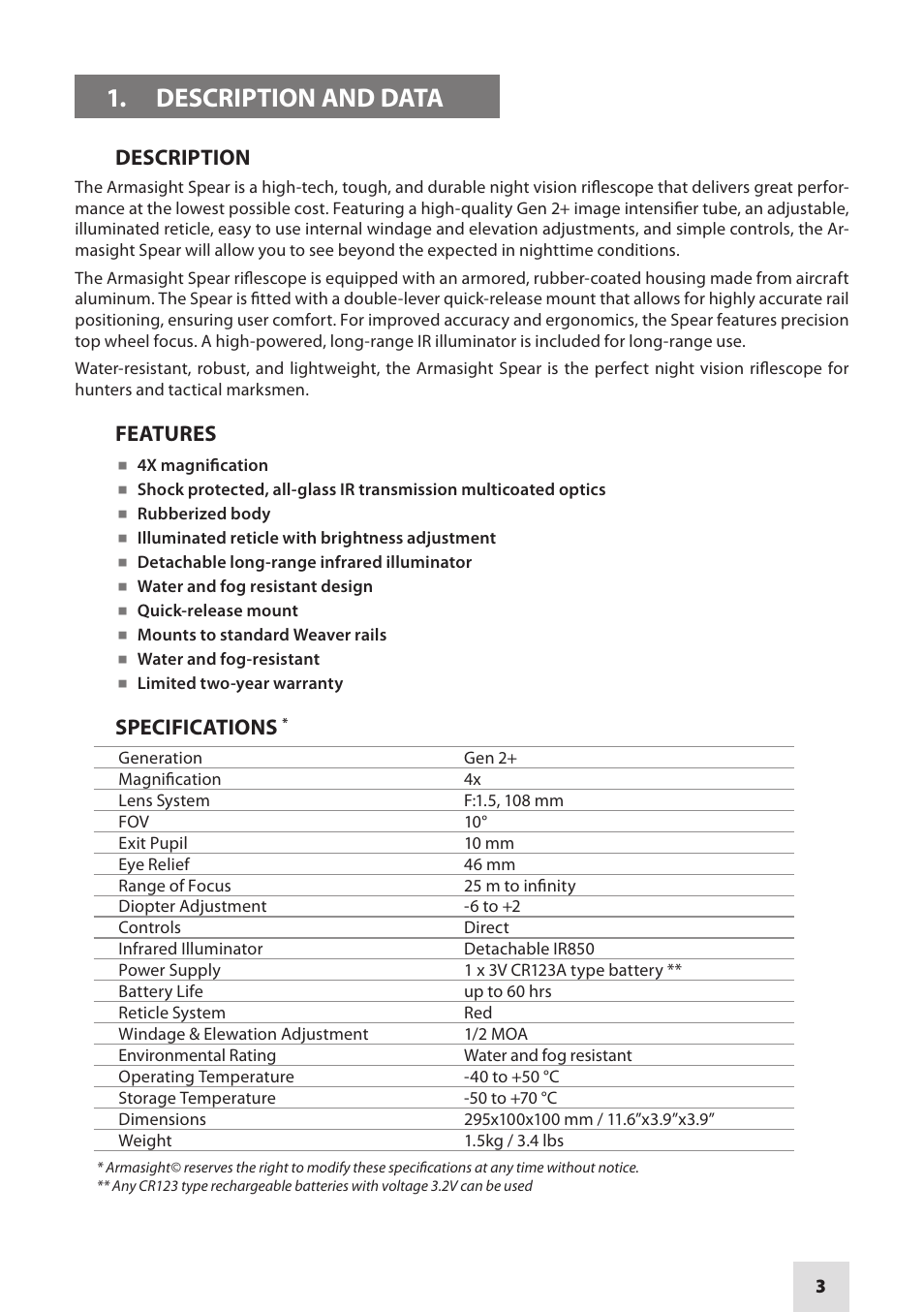 Armasight NWWSPEAR042GDS1 Spear 4X Gen 2+ SD - Night Vision Rifle Scope User Manual | Page 3 / 12