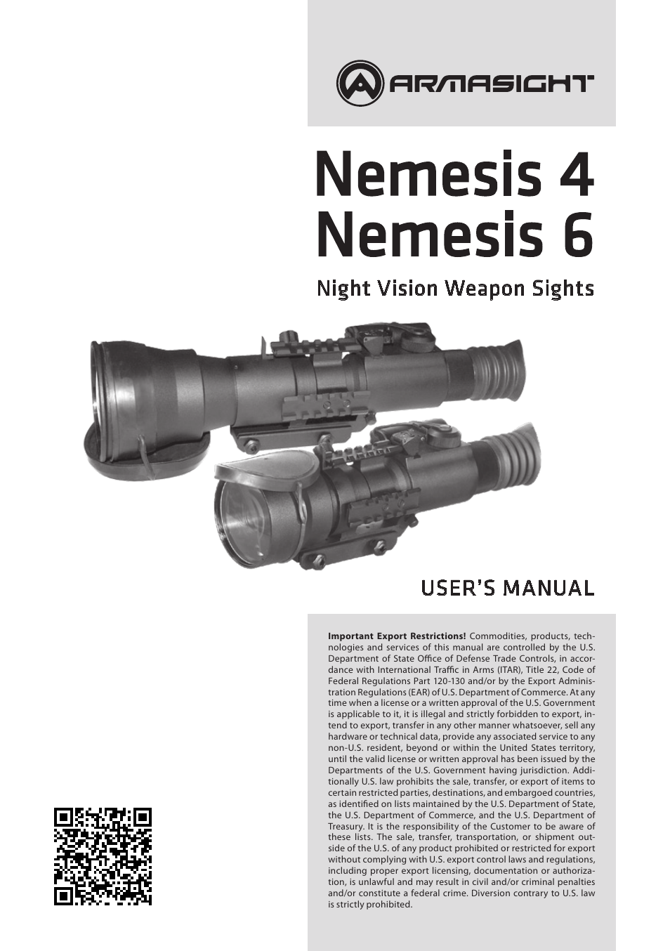 Armasight NRWNEMESI4GGDA1 Nemesis4x GEN 3 Ghost Night vision rifle scope User Manual | 12 pages