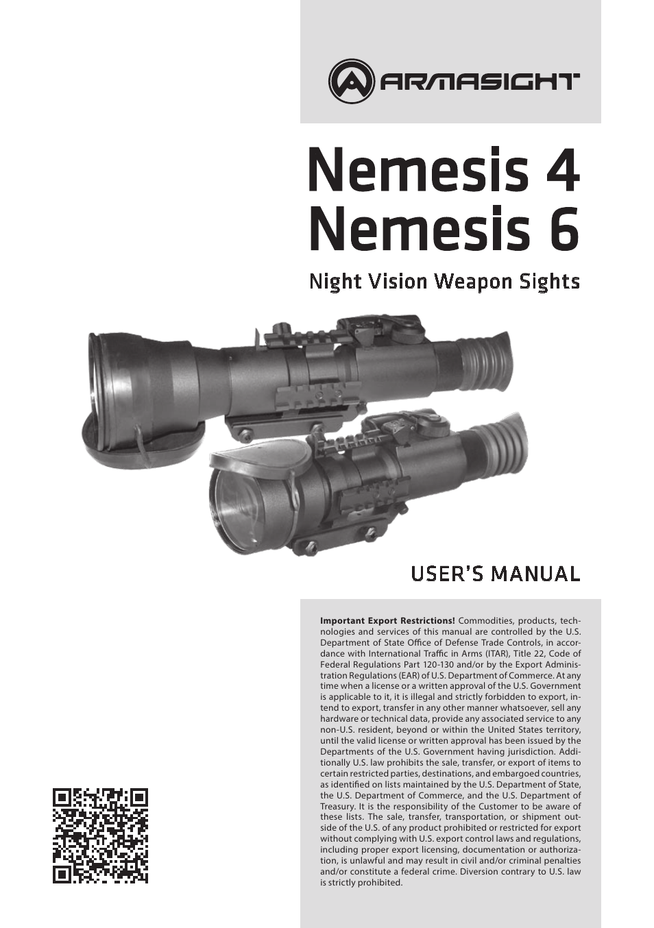 Armasight NRWNEMESI42GDS1 Nemesis4x GEN 2+ SD Night vision rifle scope User Manual | 12 pages