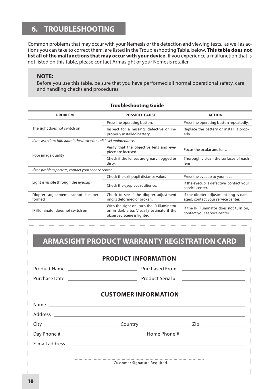 Troubleshooting, Armasight product warranty registration card, Product information customer information | Armasight NRWNEMESI42GDS1 Nemesis4x GEN 2+ SD Night vision rifle scope User Manual | Page 10 / 12