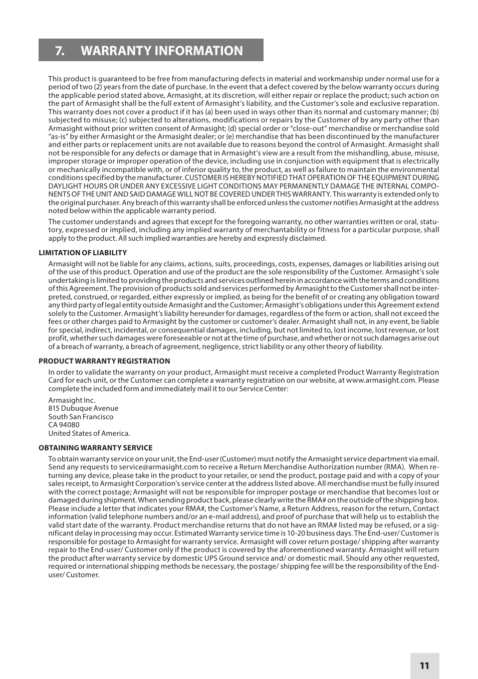 Warranty information | Armasight NRWNEMESI42GDS1 Nemesis4x GEN 2+ SD Night vision rifle scope User Manual | Page 11 / 12