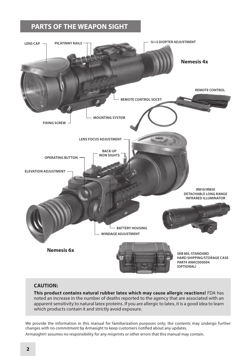 Parts of the weapon sight, Nemesis 4x nemesis 6x, Caution | Armasight NRWNEMESI42GDS1 Nemesis4x GEN 2+ SD Night vision rifle scope User Manual | Page 2 / 12