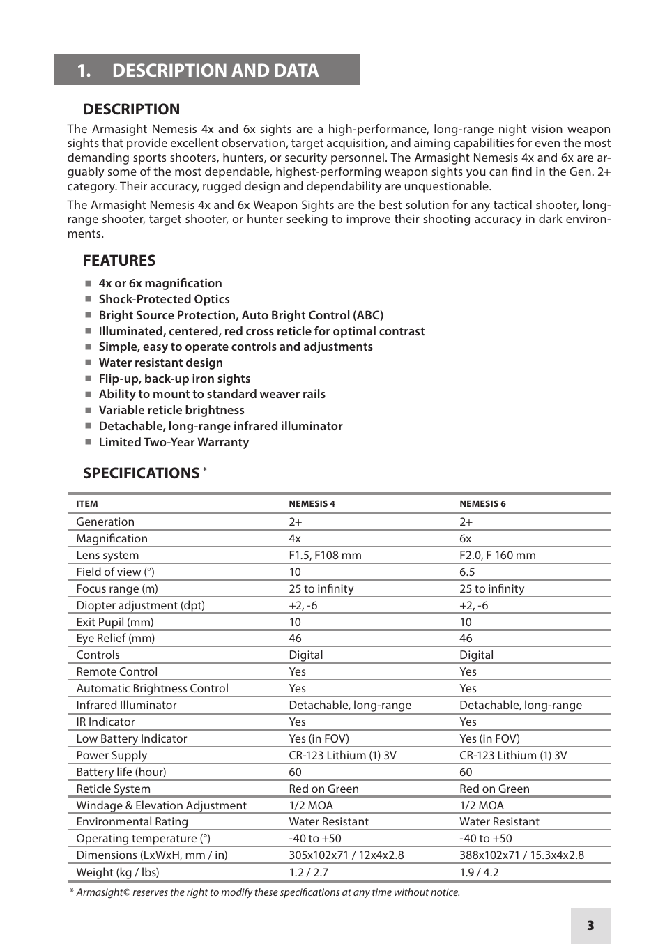 Armasight NRWNEMESI42GDS1 Nemesis4x GEN 2+ SD Night vision rifle scope User Manual | Page 3 / 12