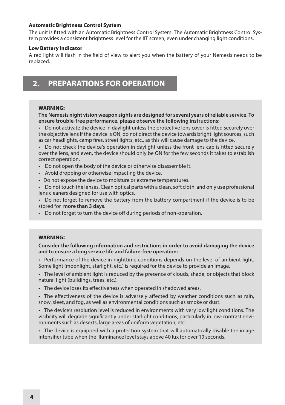 Preparations for operation | Armasight NRWNEMESI42GDS1 Nemesis4x GEN 2+ SD Night vision rifle scope User Manual | Page 4 / 12