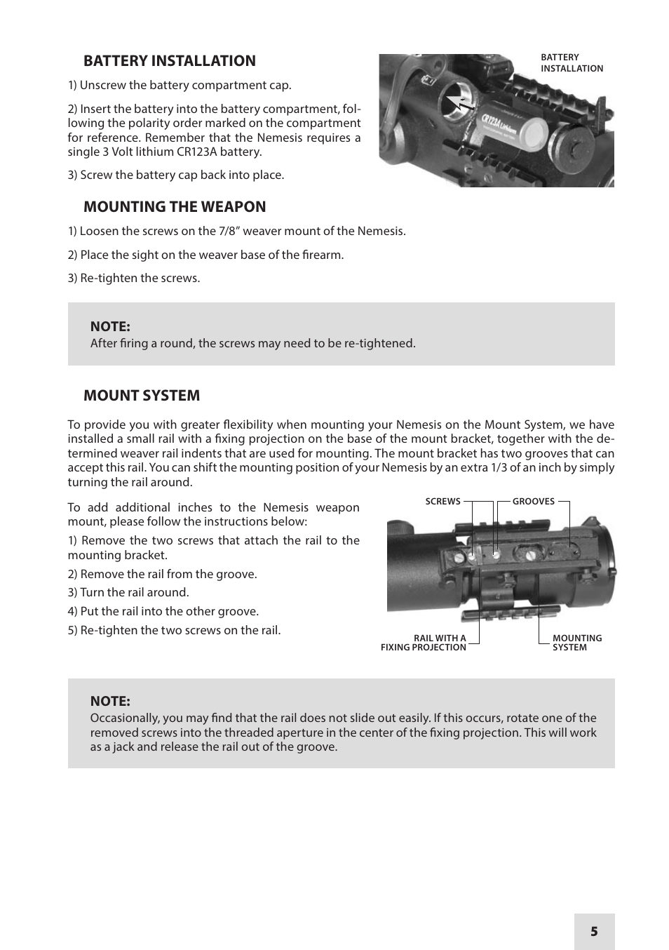 Battery installation, Mounting the weapon, Mount system | Armasight NRWNEMESI42GDS1 Nemesis4x GEN 2+ SD Night vision rifle scope User Manual | Page 5 / 12