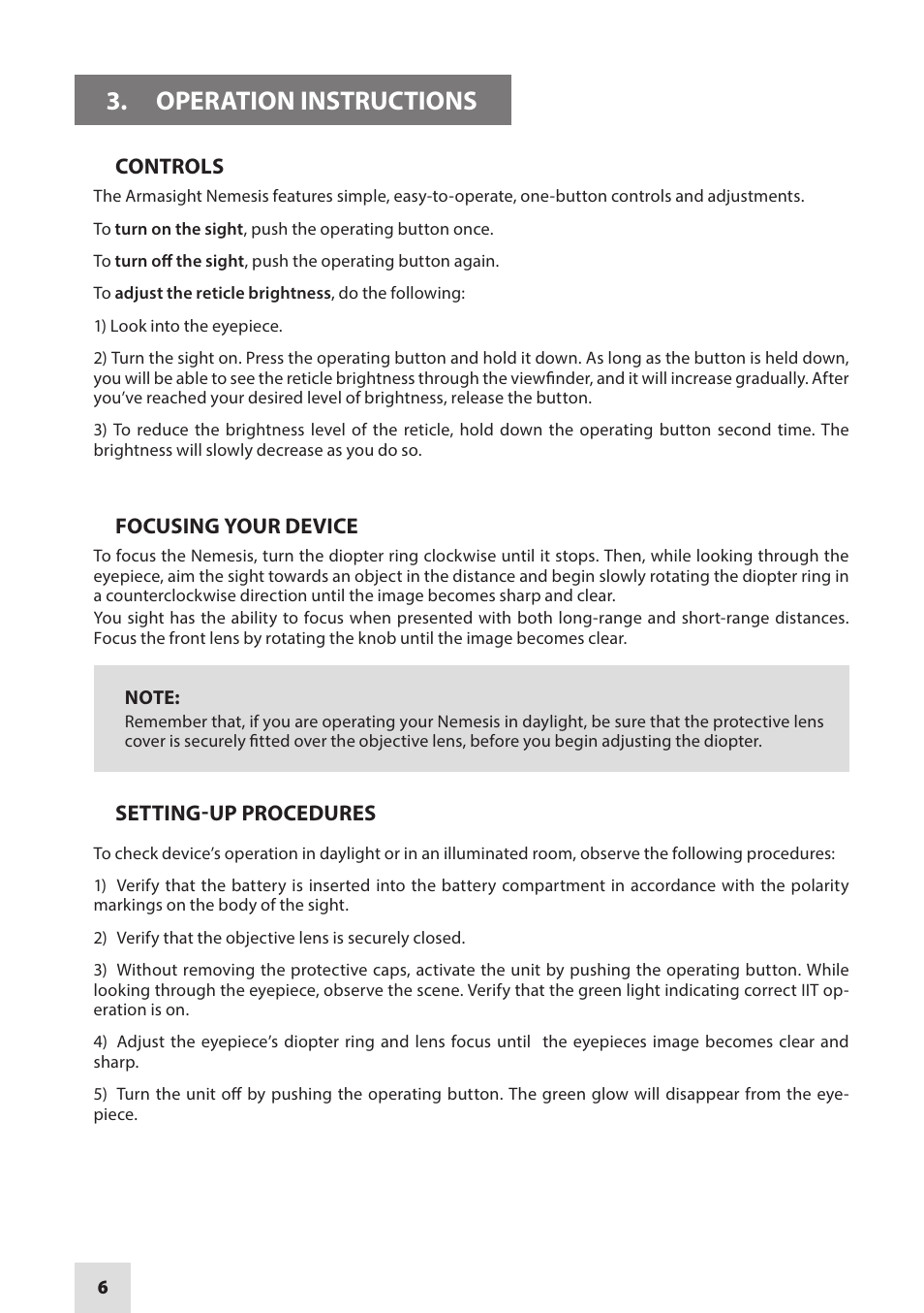 Operation instructions | Armasight NRWNEMESI42GDS1 Nemesis4x GEN 2+ SD Night vision rifle scope User Manual | Page 6 / 12