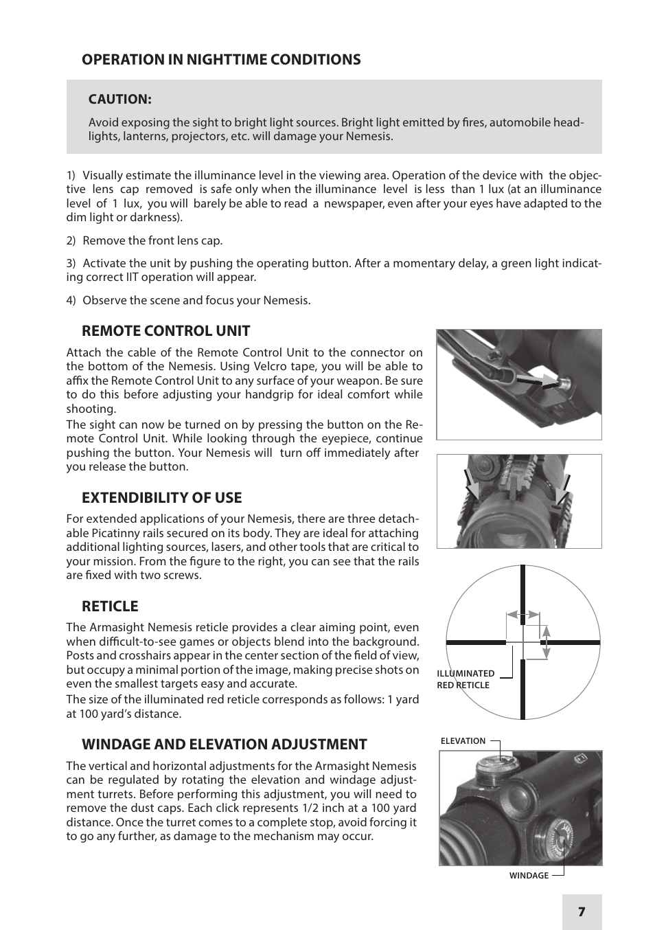 Operation in nighttime conditions, Remote control unit, Extendibility of use | Reticle, Windage and elevation adjustment | Armasight NRWNEMESI42GDS1 Nemesis4x GEN 2+ SD Night vision rifle scope User Manual | Page 7 / 12