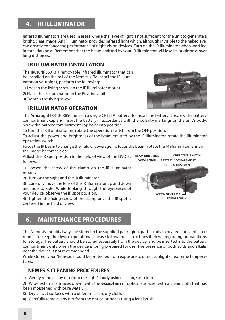 Ir illuminator, Maintenance procedures, Ir illuminator installation | Ir illuminator operation, Nemesis cleaning procedures | Armasight NRWNEMESI42GDS1 Nemesis4x GEN 2+ SD Night vision rifle scope User Manual | Page 8 / 12