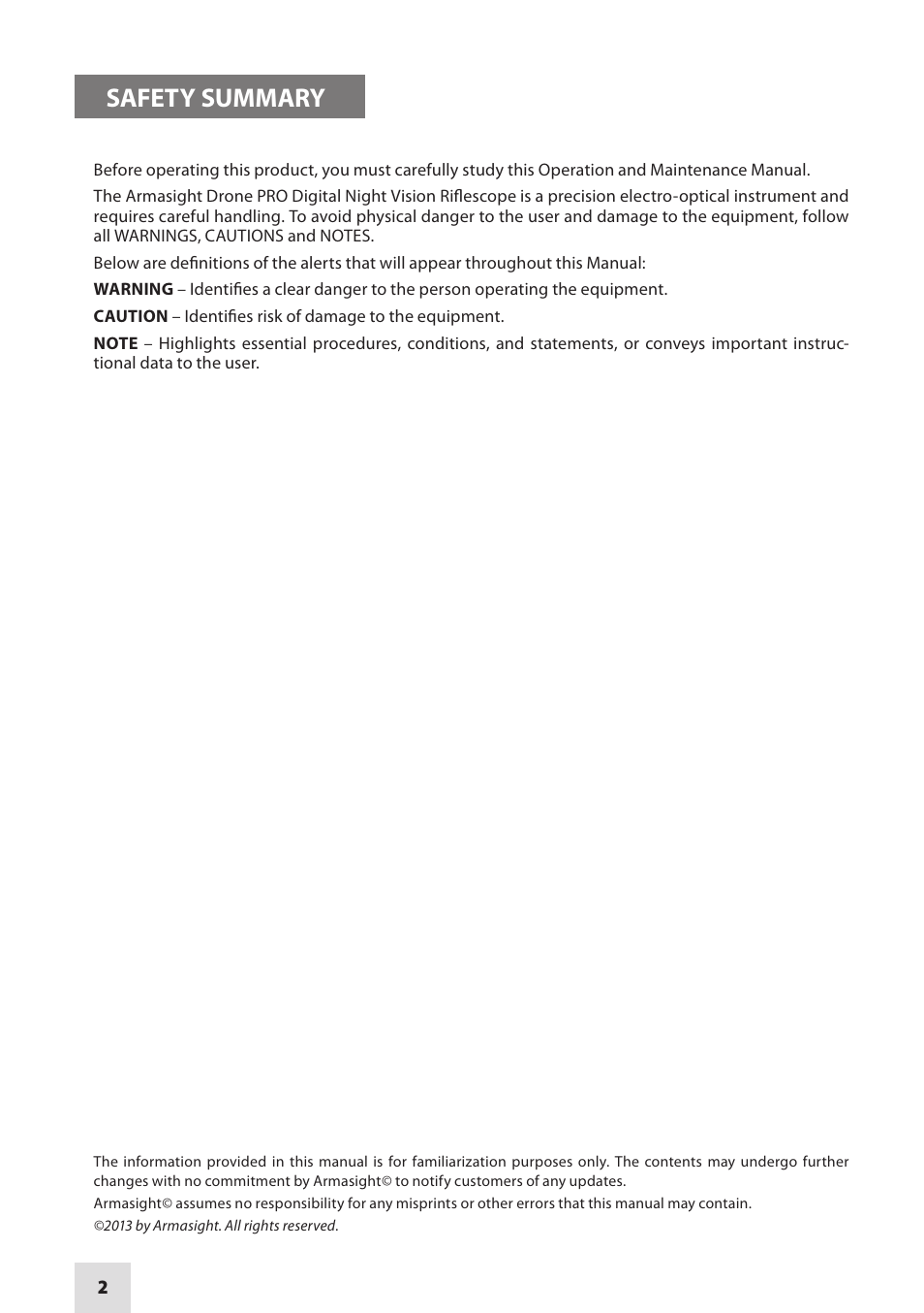 Safety summary | Armasight DARDROPBB05PAL1 Drone Pro 5x Digital Night Vision Riflescopes User Manual | Page 2 / 40