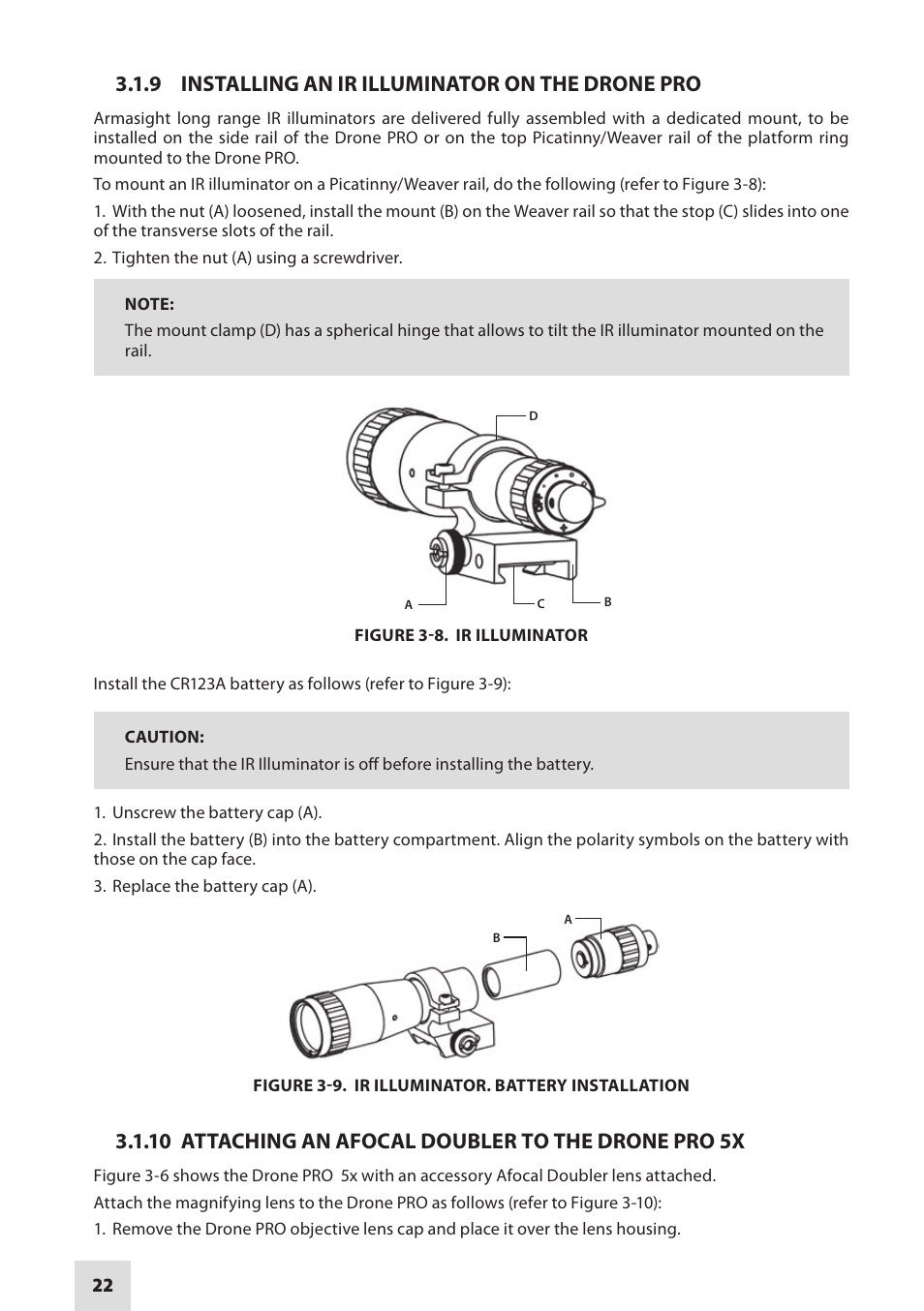 9 installing an ir illuminator on the drone pro, 10 attaching an afocal doubler to the drone pro 5x | Armasight DARDROPBB05PAL1 Drone Pro 5x Digital Night Vision Riflescopes User Manual | Page 22 / 40