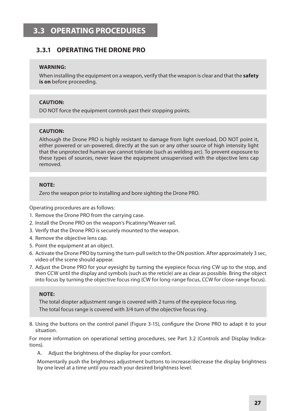 3 operating procedures | Armasight DARDROPBB05PAL1 Drone Pro 5x Digital Night Vision Riflescopes User Manual | Page 27 / 40
